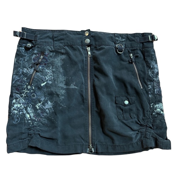 DA NANG | Black Gray Silk Embroidered Zipper Cargo Mini Skirt Women's Medium Y2K - Picture 1 of 7